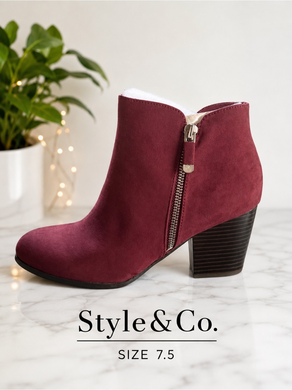 Style & Co. Wine Suede Ankle Bootie with Side Zip